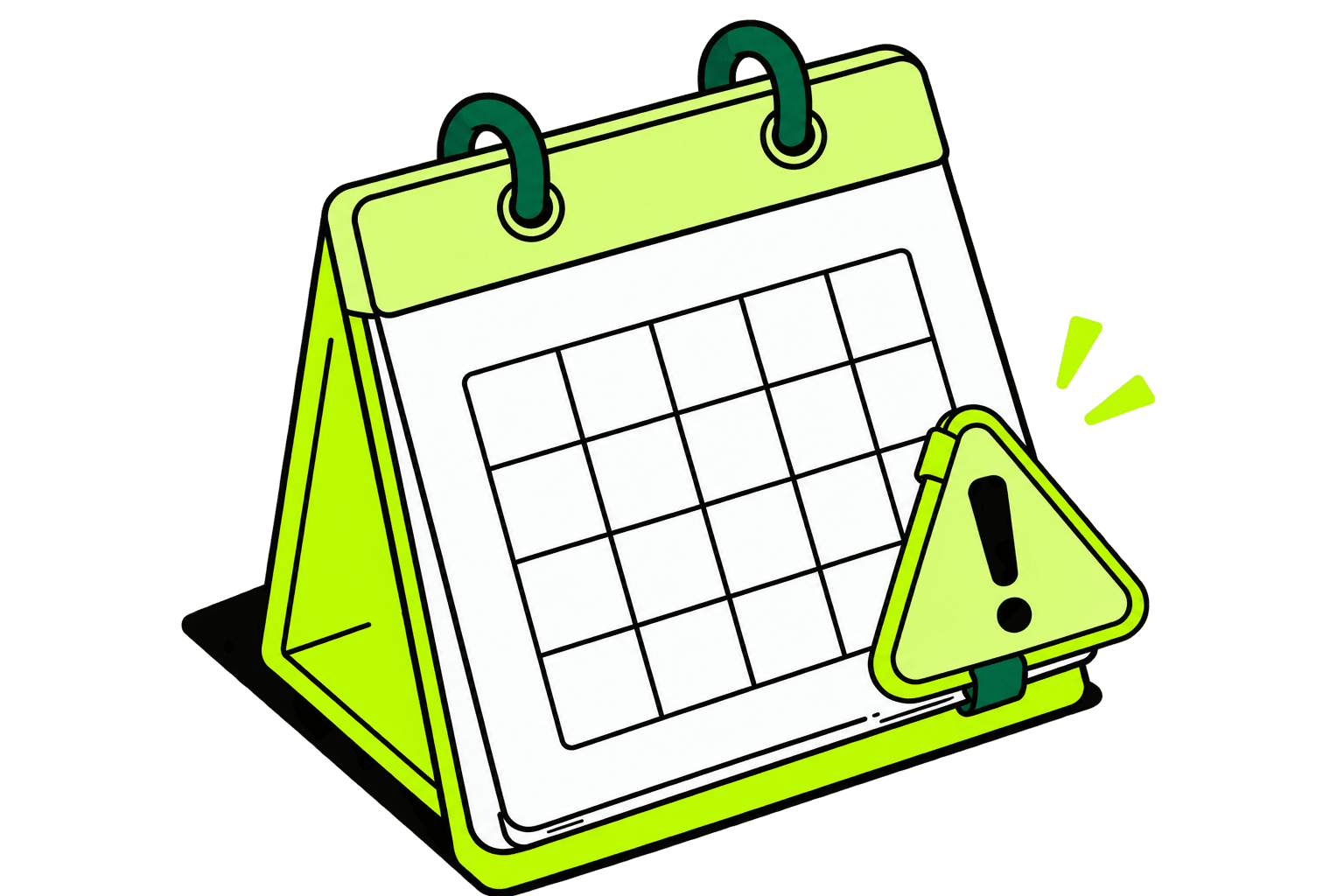 A desk calendar with a warning triangle beside it